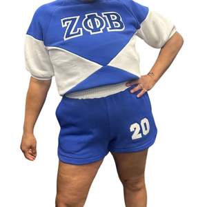 Zeta Sorority Blue and White Colorblock Short Set con 20 parches Lightweight Greek Life Summer Outfit para mujer - Product Image 5