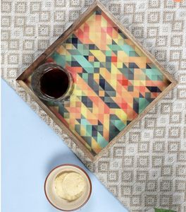 Bandeja cuadrada de madera de mango de mosaico, bandeja para servir de madera con asa, bandeja decorativa para servir, plato para mesa de desayuno decorativa - Product Image 2