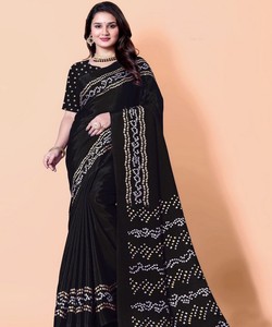DISEÑADOR GAJJI SUAVE SEDA BANDHEJ ESTAMPADO SAREE CON BLUSA SIN COSTAR DESPIECE PRECIO AL POR MAYOR ROPA ÉTNICA NEGRO - Product Image 1