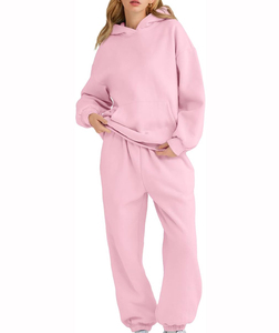 Ensemble de survêtement rose à capuche pour femme, manches longues, couleur unie, coupe décontractée, sweat-shirt et pantalon avec poches latérales - Product Image 3