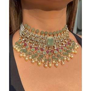 Collier Heera Mandi Polki - Bijoux de mariage classiques en laiton et cuivre avec pierres de rubis, diamants et perles - Product Image 5
