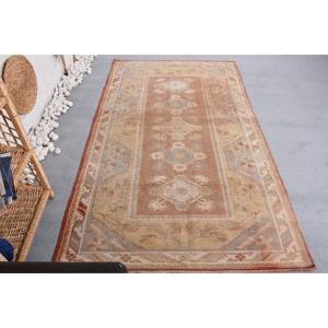 Large Vintage Turkish <b>Wool</b> Rug 4x7ft <b>Brown</b> Orange Patchwork Design Latex Rectangle Abstract Area Set for Hallway Room Decor - Product Image 4