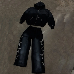 Custom Mens <b>Rhinestone</b> Embroidery & Applique Tracksuit Distressed Patch Zip-Up Hoodie & Sweatpants Acid Wash Sun-Fade - Product Image 4