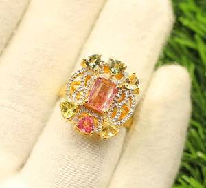 Elegant Women's Rhodium-Plated Sterling <b>Silver</b> Multi-Tourmaline Ring Single Cut Diamond for Wedding Anniversary Special - Product Image 5