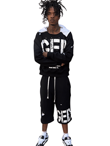 OEM High Quality Hooded <b>Vintage</b> Washed Streetwear Tracksuit Men Custom Print <b>French</b> Terry Distressed Sweatshirt Shorts Set - Product Image 1