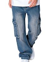 Jean cargo bleu délavé pour homme, coupe large, taille mi-haute, fermeture éclair, décontracté, avec plusieurs poches, personnalisable