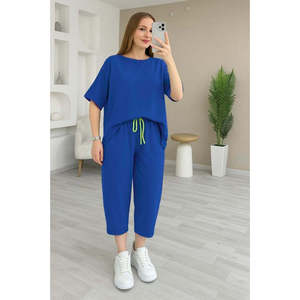 Conjunto de Dos Piezas para Mujer, Blusa de Manga Corta con Cuello Redondo de Viscosa de Dos Hilos y Pantalones, 37757 - Azul Saks - Product Image 4