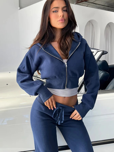 Women's Solid Color Long <b>Sleeve</b> Cropped Sweatshirt Drawstring Waist Sweatpants Ladies Hoodie Set Winter <b>Short</b> Two-Piece - Product Image 6