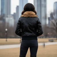 Blouson Bomber en Cuir de Mouton Noir Véritable à Carreaux, Coupe Fine, Col en Fourrure de Renard Amovible, Fermeture Éclair, Coupe-Vent, Hiver, pour Femme, Style Motard