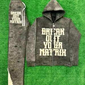 Survêtement de haute qualité 100% coton avec cordon de serrage, broderie délavée, surdimensionné, streetwear uni pour la saison hivernale - Product Image 4