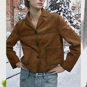 Chaqueta Impermeable de Piel de Oveja Retro para Mujer, Chaqueta de Lona con Cuello de Traje, Cierre de un Solo Botón, Manga Larga, Estilo Deportivo Informal, Corta, para Invierno - Product Image 3