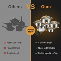 Ensemble de 12 ustensiles de cuisine en acier inoxydable, antiadhésifs multicouches avec couvercles en verre, compatibles induction et gaz