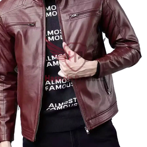 <b>Mens</b> Real Maroon Leather <b>Jacket</b> Quilted Shoulder Band Collar Sheepskin Burgundy Cafe Racer Coat Custom Biker Winter Outerwear - Product Image 6