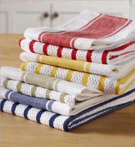 Toallas de cocina de algodón a rayas de colores apiladas con textura de gofre están disponibles a precios de mayoreo. - Product Image 1
