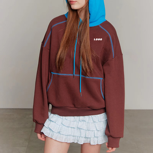 เสื้อฮู้ดดี้ผู้หญิงแบบสวมหัวทรงโอเวอร์ไซส์  ผ้าถักลายบล็อกสีสันสดใส  สำหรับฤดูหนาว  ออกแบบโลโก้ OEM ได้ตามต้องการ  ผ้าโพลีเอสเตอร์/คอตตอนเนื้อหนา  ดีไซน์ด้านหน้า - Product Image 2