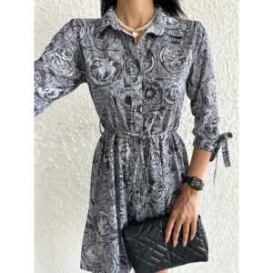 Robe boutonnée à motif châle avec col en dentelle, style chemise, taille naturelle, respirante - Product Image 4