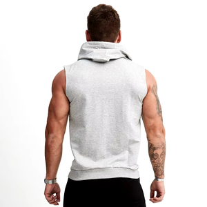 100% algodón orgánico sin mangas cremallera Sudadera con capucha chaqueta de gimnasio para hombres XS tamaño patrón sólido - Product Image 4
