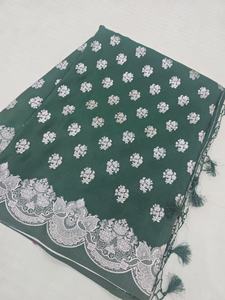 Magnifique Saree en Chiffon Doux et Lisse, Tissé à la Main Traditionnellement, avec Motif Zari Argenté et Bordure Banarasi, Idéal pour les Fêtes et la Protection Solaire - Product Image 3