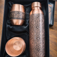 Ensemble de bouteilles d'eau en cuivre ayurvédique écologiques faites à la main - Design classique de luxe, gravure personnalisée, logo couleur personnalisable, 1000 ml