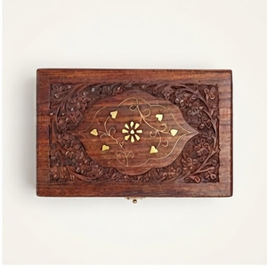 Boîte à bijoux rectangulaire en bois d'acacia avec motif oriental sculpté, à un seul niveau, multifonctionnelle, gain de place, pour la chambre à coucher - Product Image 3
