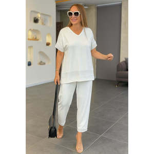 Ensemble deux pièces pour femme, chemisier à manches courtes et col en V en viscose à paillettes, pantalon, 34506 - Blanc - Product Image 1