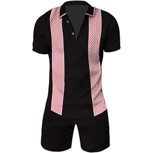 Conjunto de camisa y pantalones cortos de manga corta con cuello en contraste de moda de diseñador para hombre para verano Street Look - Product Image 1