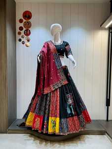 Lehenga Choli traditionnel pour femmes en pur coton, imprimé Ikkat et travail manuel Gamthi, longueur au sol, réversible - Product Image 3