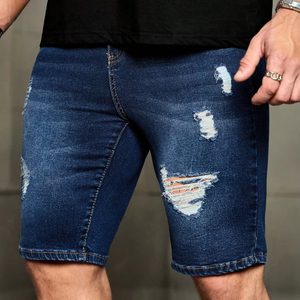 กางเกงขาสั้นผู้ชายสีน้ำเงินเข้มเข้ารูปคุณภาพสูงผ้าเดนิมผ้าฝ้าย100% สไตล์ฮิปฮอปเอวยางยืดรัดรูปมีรูขาดรายละเอียดพู่ - Product Image 4