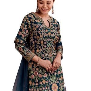 Conjunto Palazzo bordado azul cerceta, venta al por mayor de Ropa Étnica para mujer, proveedor de fábrica de ropa OEM, traje de fiesta de boda personalizado - Product Image 4