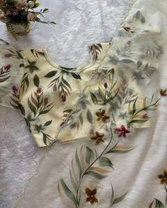 Dernier tissu organza doux exclusif Saree blanc avec fleur imprimé à la main Festival indien mariée classique fête vêtements ethniques femmes - Product Image 2