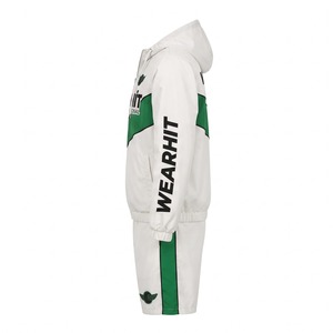Ensemble short et veste coupe-vent pour homme, veste de course en nylon à panneaux chevron, fermeture éclair, capuche, blanc et vert, logo personnalisé OEM - Product Image 4