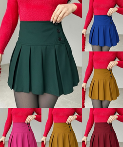 Jupe évasée taille haute style coréen pour femme avec détails boutonnés en tissu de laine lavée couleur unie, silhouette mini skater - Product Image 4