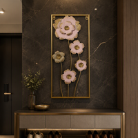 Décoration murale moderne en métal 3D en forme de fleur avec cadre doré, sculpture murale florale rose et or, décoration intérieure pour salon et chambre à coucher