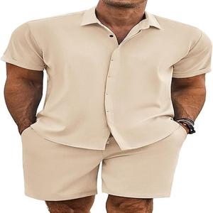 Camisas de Manga Corta de Verano para Hombre, Estilo Vintage, Tejidas, de Poliéster/Algodón, Secado Rápido, Transpirables, Lisas, Teñidas, Conjunto de Ropa Exterior - Product Image 1