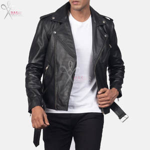 Veste de motard en cuir véritable noir de qualité supérieure pour hommes, vêtements de moto avec col montant et tissu en toile - Product Image 5