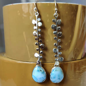 100% Naturel Larimar Ovale 925 Sterling Silver Bohème 7 cm de long Dangle 6.78 gms Boucles d'oreilles designer à la mode larimar bijoux en argent - Product Image 4