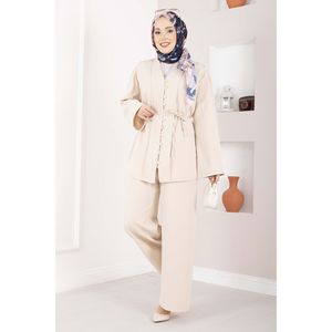 Conjunto de Traje de Dos Piezas para Mujer, Estilo Británico, Color Beige, con Cinturón Abotonado, Diseño Elegante - Product Image 1
