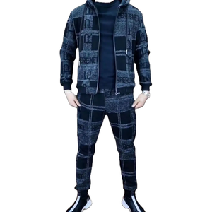 Ensemble de survêtement à capuche zippé 2 pièces pour hommes de luxe veste d'extérieur athlétique + pantalon de survêtement avec logo imprimé revers costume masculin de luxe - Product Image 1