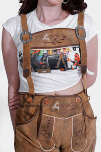 High Quality Women's Lederhosen Short Genuine Goat Suede Leather Front Embroidery Pockets Buttons - Product Image 4