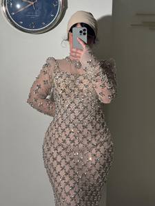 Robe de soirée sirène élégante avec strass, manches lanternes, respirante, soutien-gorge intégré, traîne longue, longueur ras du sol - Product Image 5