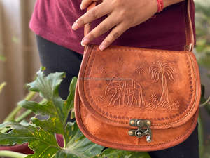Vintage Goat Leather Handmade Leather Sling Bag Embossed Indian Leather Purse <b>Unique</b> Stylish Bag - Product Image 3
