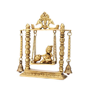 Shubham Statue assise en laiton fait à la main Lord Krishna avec Jhula (Butter Krishna) 25.5 cm de hauteur, doré - Product Image 4