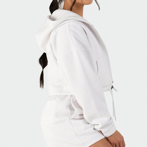 Sudaderas con capucha recortadas con logotipo personalizado para correr, ropa de mujer, manga extragrande, tela de terciopelo, con capucha, cortas, informales, de punto, antibolitas - Product Image 5