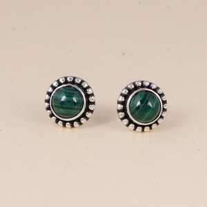 Malachite Sterling <b>Silver</b> <b>Stud</b> Earrings Round Green Gemstone Bohemian Jewelry - Product Image 4