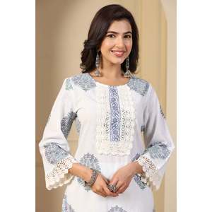 เสื้อคุร์ตาผ้าฝ้ายพิมพ์ลายบล็อกฟีร์ดูส อิชฟาฮาน ทรงตรงยาวถึงเข่า - Product Image 1