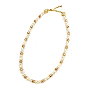 Single Layer Golden and White Pearl Necklace Set - Product Image 3