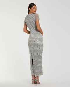 Sexy Modest A-Line Maxi Dress para adultos O-cuello frontal con cuentas bordadas hasta el suelo tela crepé perlas Decoración - Product Image 3