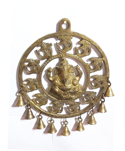 Golden Brass Om Ganesha Wall Hanging Idol with Small Bells Vertical Pattern <b>Mandir</b> Wall Decor for Door for Diwali Gift - Product Image 5