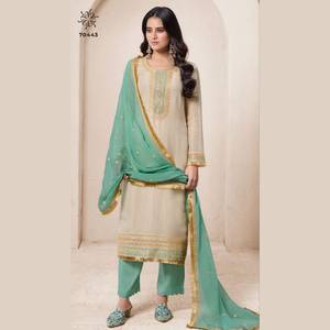 Presentación exclusiva de organza viscosa bordada con rayas Zari, colecciones de trajes de uso étnico pesado, venta al por mayor por Royal Export - Product Image 4