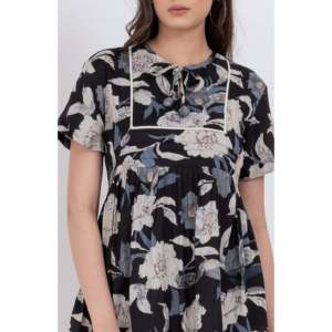 Vestido Mini Tipo Babydoll de Algodón con Estampado Floral Negro para Mujer, Talla XS, Cintura Elástica, Transpirable, Estilo Casual, Superventas - Product Image 2